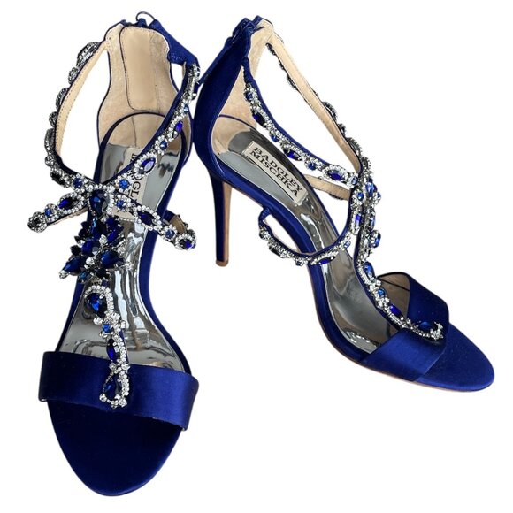 Badgley Mischka Shoes - Badgley Mischka Georgia Cobalt Satin Strappy Jeweled High Heels,  Women's 7.5